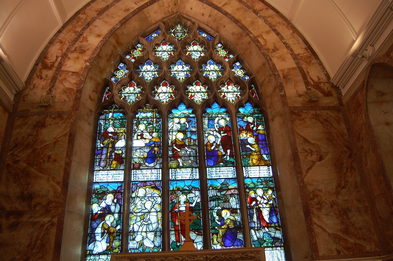 View of large stained glass window in Nun's Cross Church